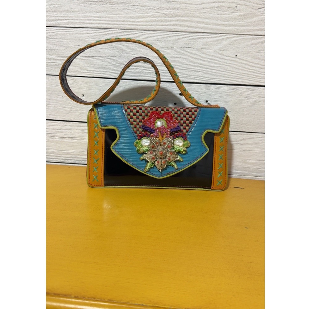 RARE Mary Frances Beaded Floral Shoulder Bag Multi Color Textured Patent Handbag